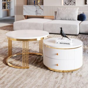 White Round Nesting Coffee Table with Drawers | Modern 2-Piece Luxury Coffee Table