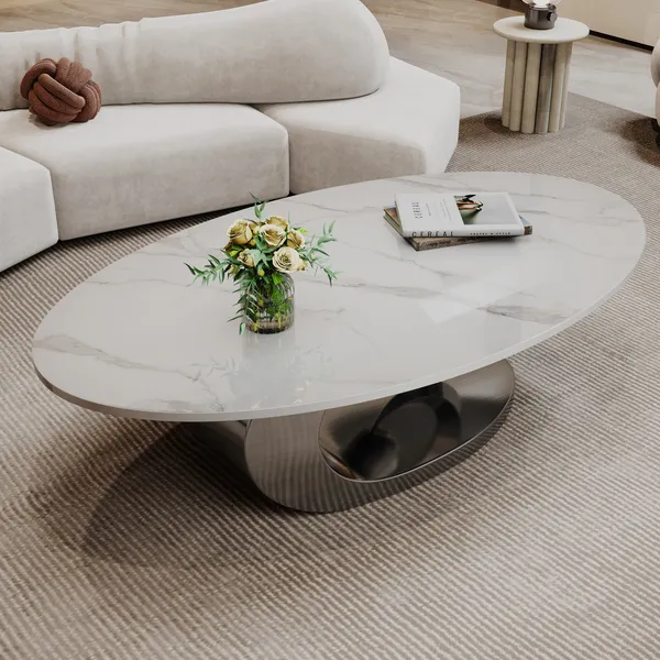 Luxury Faux Marble Coffee Table with Sculptural Metal Base - Image 2