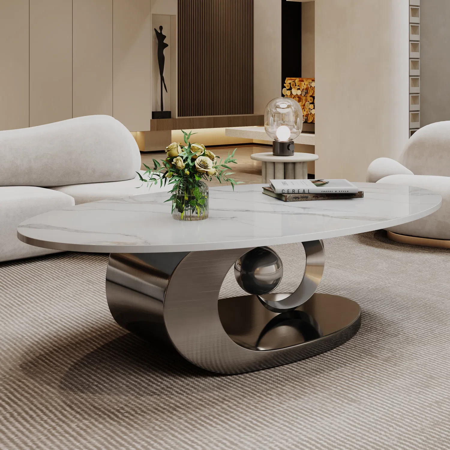 Luxury Faux Marble Coffee Table with Sculptural Metal Base - Image 8