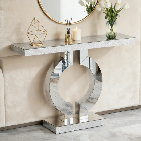Mirror console, modern sofa table, storage area, elegant display space